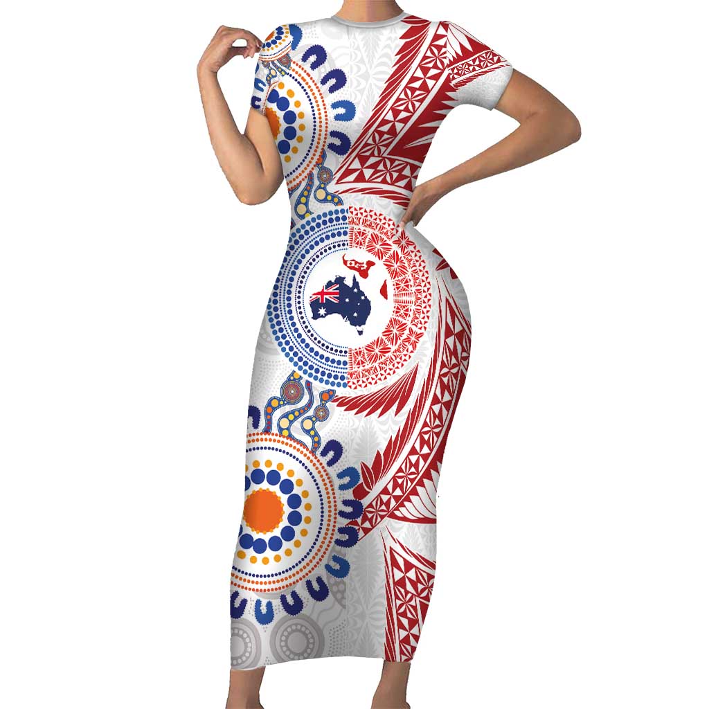 Tongan and Australian Culture Together Short Sleeve Bodycon Dress Ngatu Art Tribal Aboriginal Tattoo Pattern - Polynesian Pride
