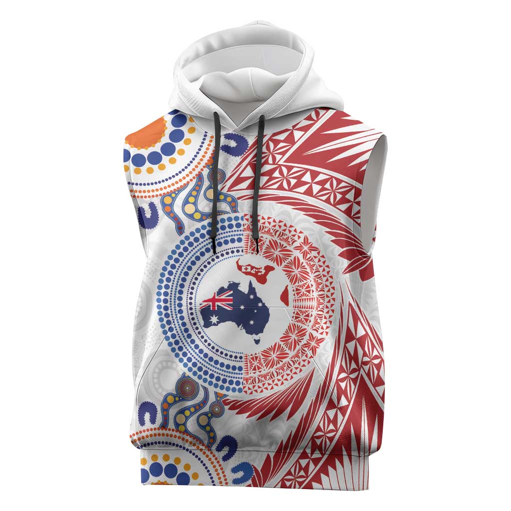 Tongan and Australian Culture Together Sleeveless Hoodie Ngatu Art Tribal Aboriginal Tattoo Pattern - Polynesian Pride