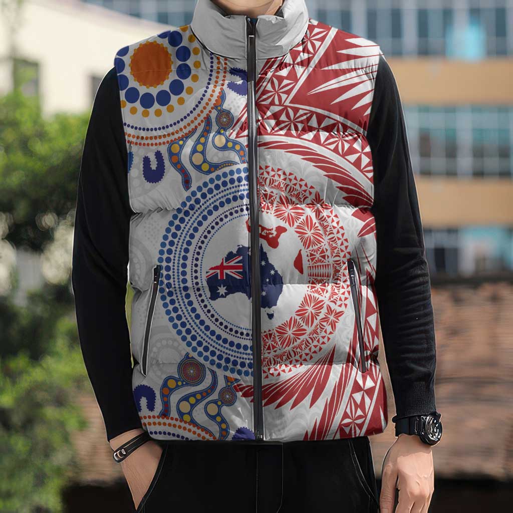 Tongan and Australian Culture Together Sleeveless Puffer Jacket Ngatu Art Tribal Aboriginal Tattoo Pattern - Polynesian Pride