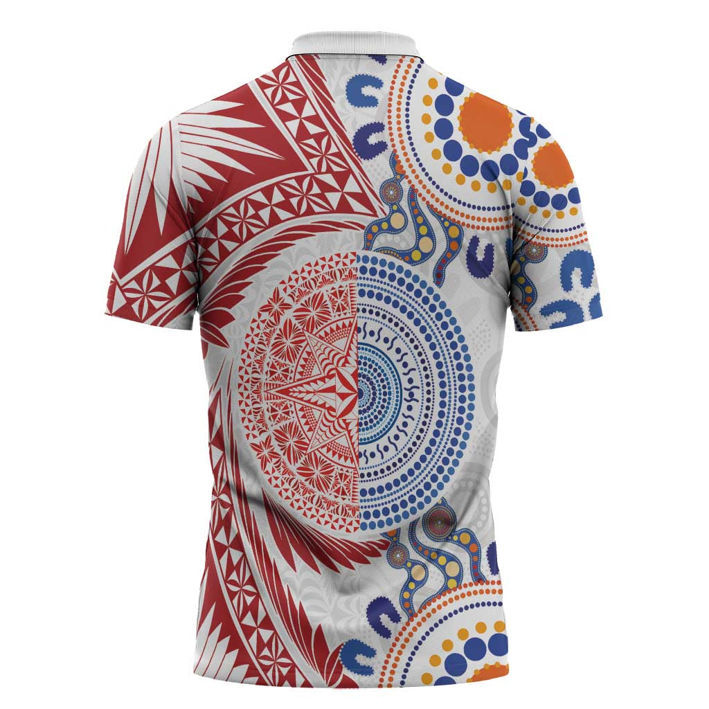 Tongan and Australian Culture Together Zipper Polo Shirt Ngatu Art Tribal Aboriginal Tattoo Pattern - Polynesian Pride