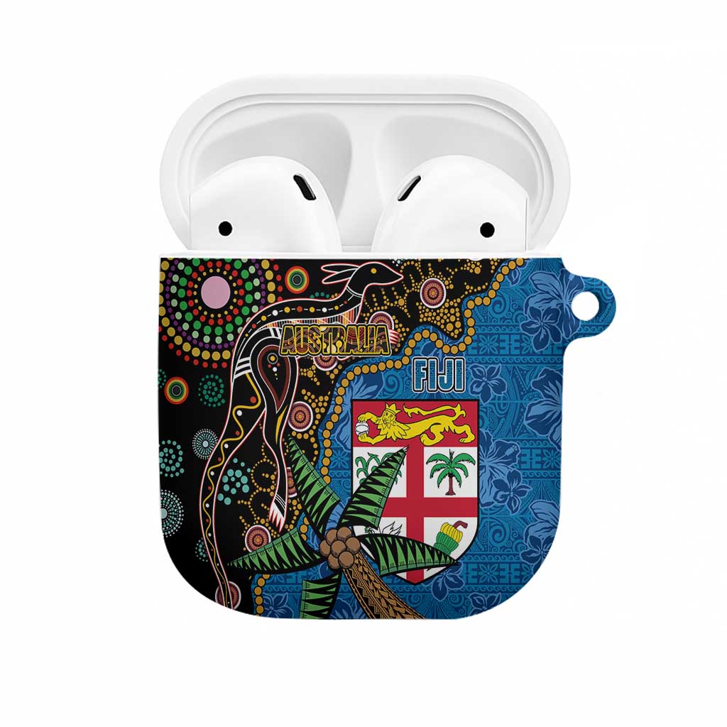 Fijian and Australian Culture Together AirPods Case Aboriginal Art and Tapa Motifs with Kangaroo and Palm Tree LT03 Black - Polynesian Pride