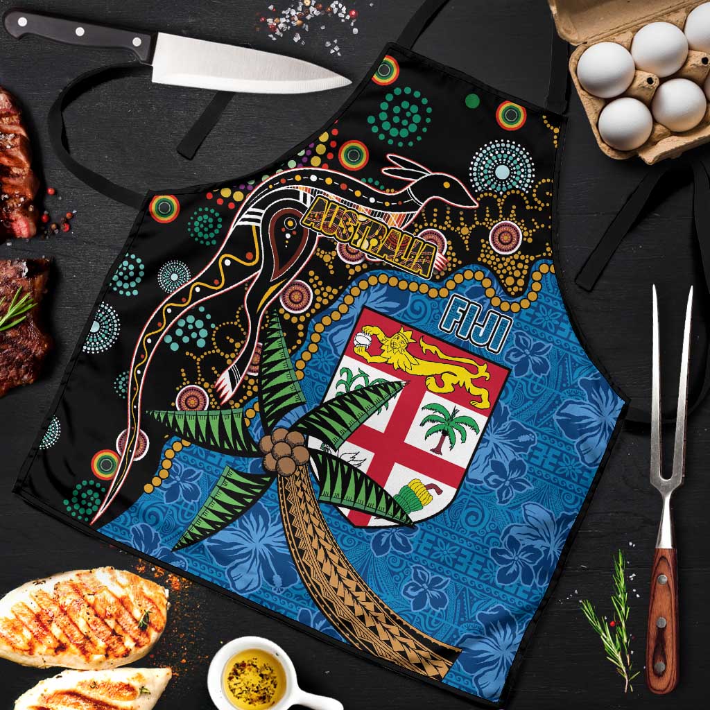Fijian and Australian Culture Together Apron Aboriginal Art and Tapa Motifs with Kangaroo and Palm Tree - Polynesian Pride
