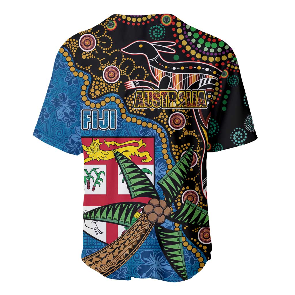 Fijian and Australian Culture Together Baseball Jersey Aboriginal Art and Tapa Motifs with Kangaroo and Palm Tree - Polynesian Pride