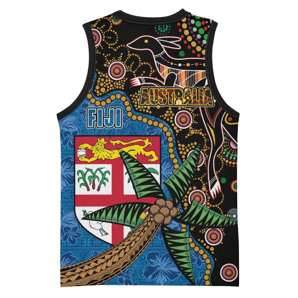 Fijian and Australian Culture Together Basketball Jersey Aboriginal Art and Tapa Motifs with Kangaroo and Palm Tree - Polynesian Pride