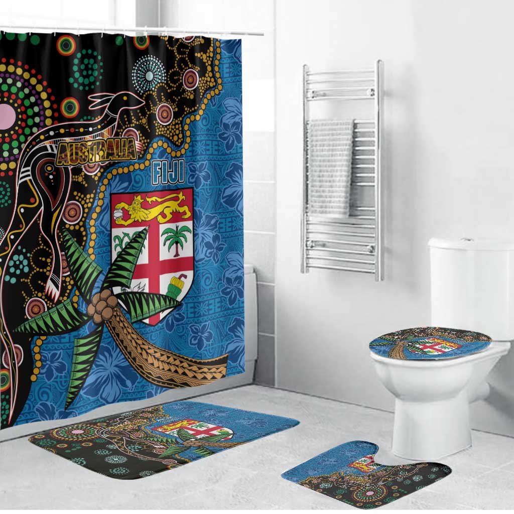 Fijian and Australian Culture Together Bathroom Set Aboriginal Art and Tapa Motifs with Kangaroo and Palm Tree LT03 Bathroom Set (4 pcs) Black - Polynesian Pride