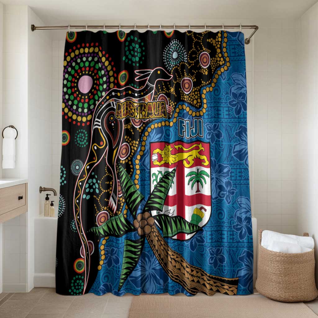 Fijian and Australian Culture Together Bathroom Set Aboriginal Art and Tapa Motifs with Kangaroo and Palm Tree - Polynesian Pride