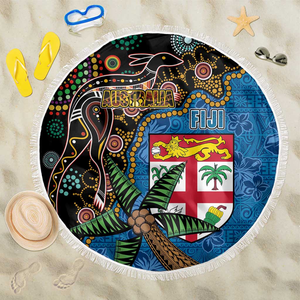 Fijian and Australian Culture Together Beach Blanket Aboriginal Art and Tapa Motifs with Kangaroo and Palm Tree LT03 One Size 150cm Black - Polynesian Pride