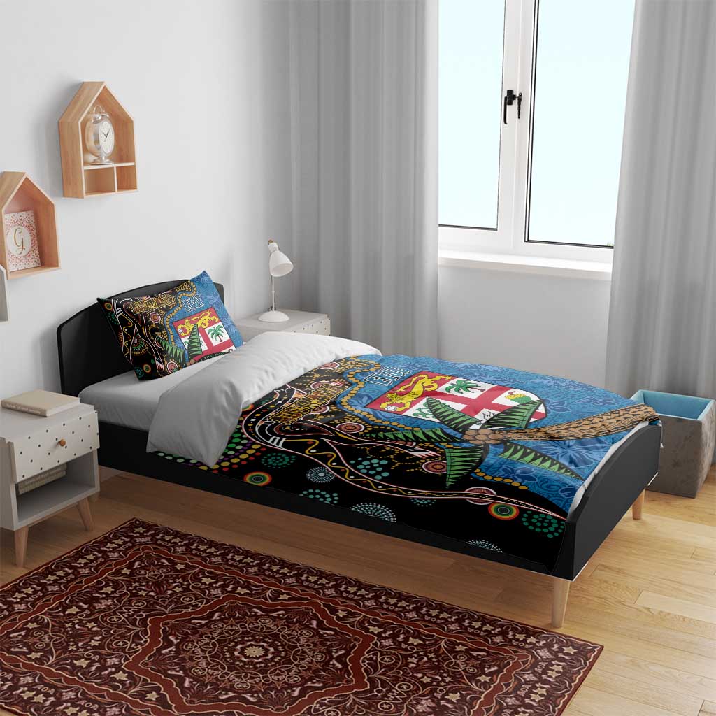 Fijian and Australian Culture Together Bedding Set Aboriginal Art and Tapa Motifs with Kangaroo and Palm Tree - Polynesian Pride