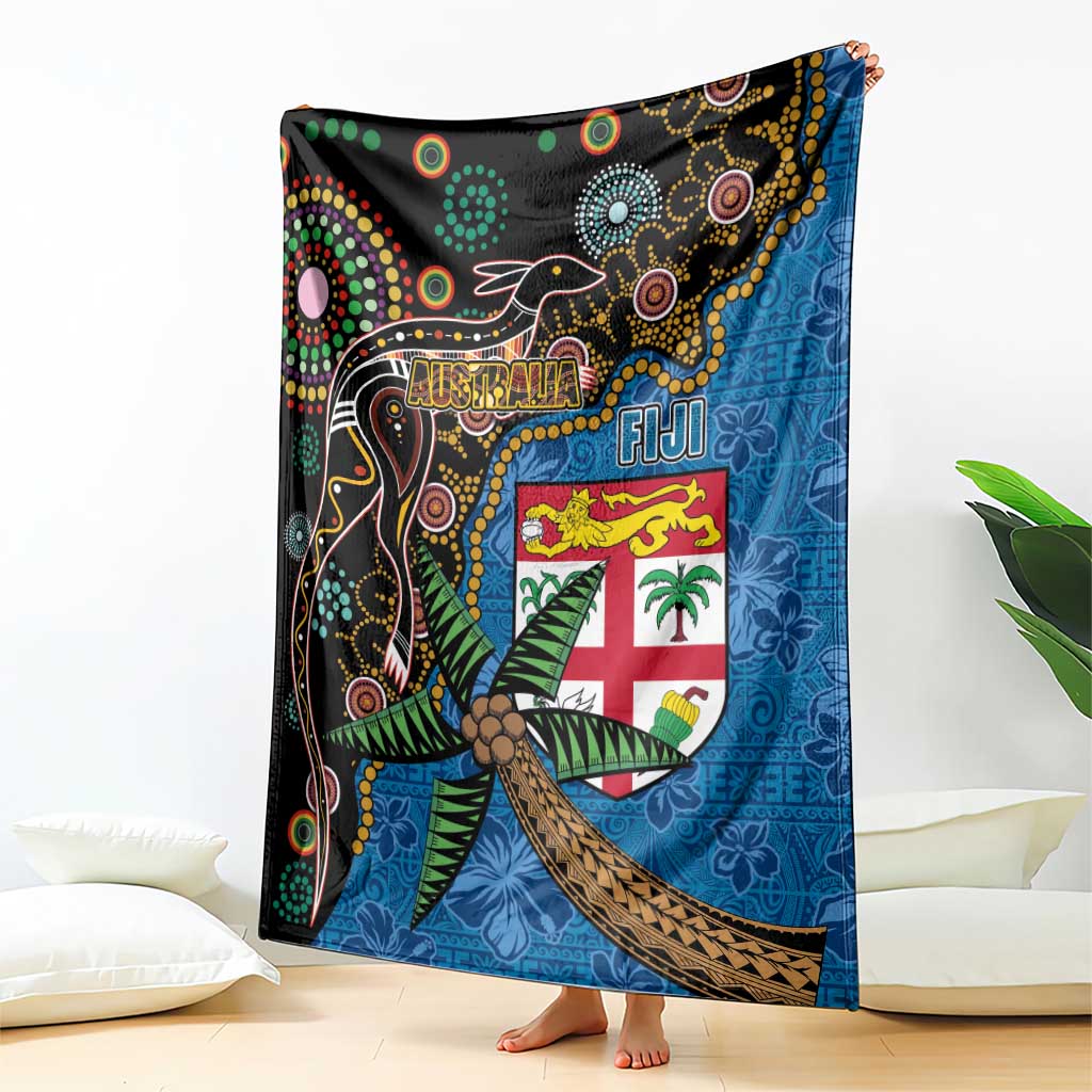 Fijian and Australian Culture Together Blanket Aboriginal Art and Tapa Motifs with Kangaroo and Palm Tree - Polynesian Pride