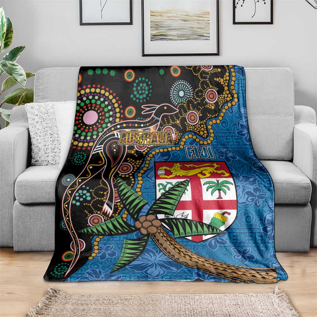 Fijian and Australian Culture Together Blanket Aboriginal Art and Tapa Motifs with Kangaroo and Palm Tree - Polynesian Pride