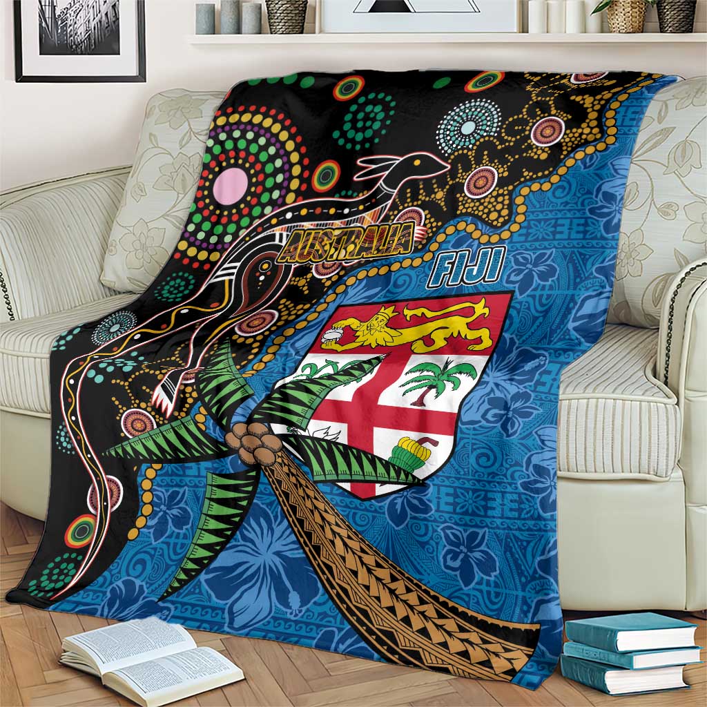 Fijian and Australian Culture Together Blanket Aboriginal Art and Tapa Motifs with Kangaroo and Palm Tree - Polynesian Pride