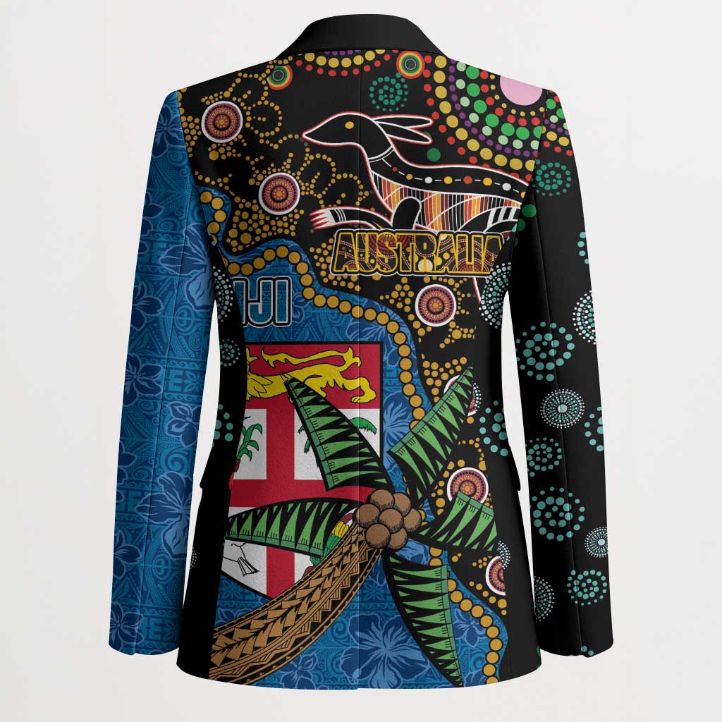 Fijian and Australian Culture Together Blazer Aboriginal Art and Tapa Motifs with Kangaroo and Palm Tree - Polynesian Pride
