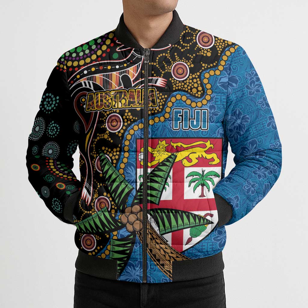 Fijian and Australian Culture Together Bomber Puffer Jacket Aboriginal Art and Tapa Motifs with Kangaroo and Palm Tree - Polynesian Pride