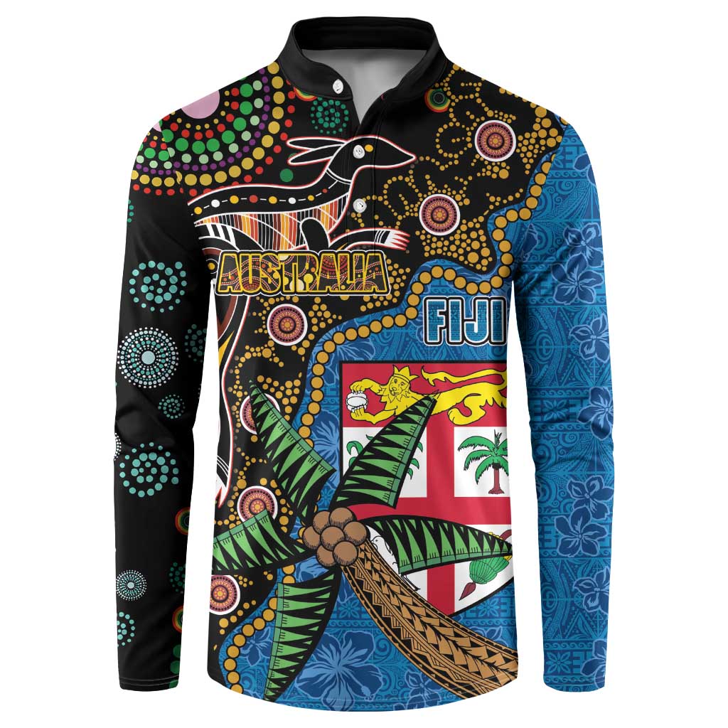 Fijian and Australian Culture Together Button Sweatshirt Aboriginal Art and Tapa Motifs with Kangaroo and Palm Tree LT03 Black - Polynesian Pride