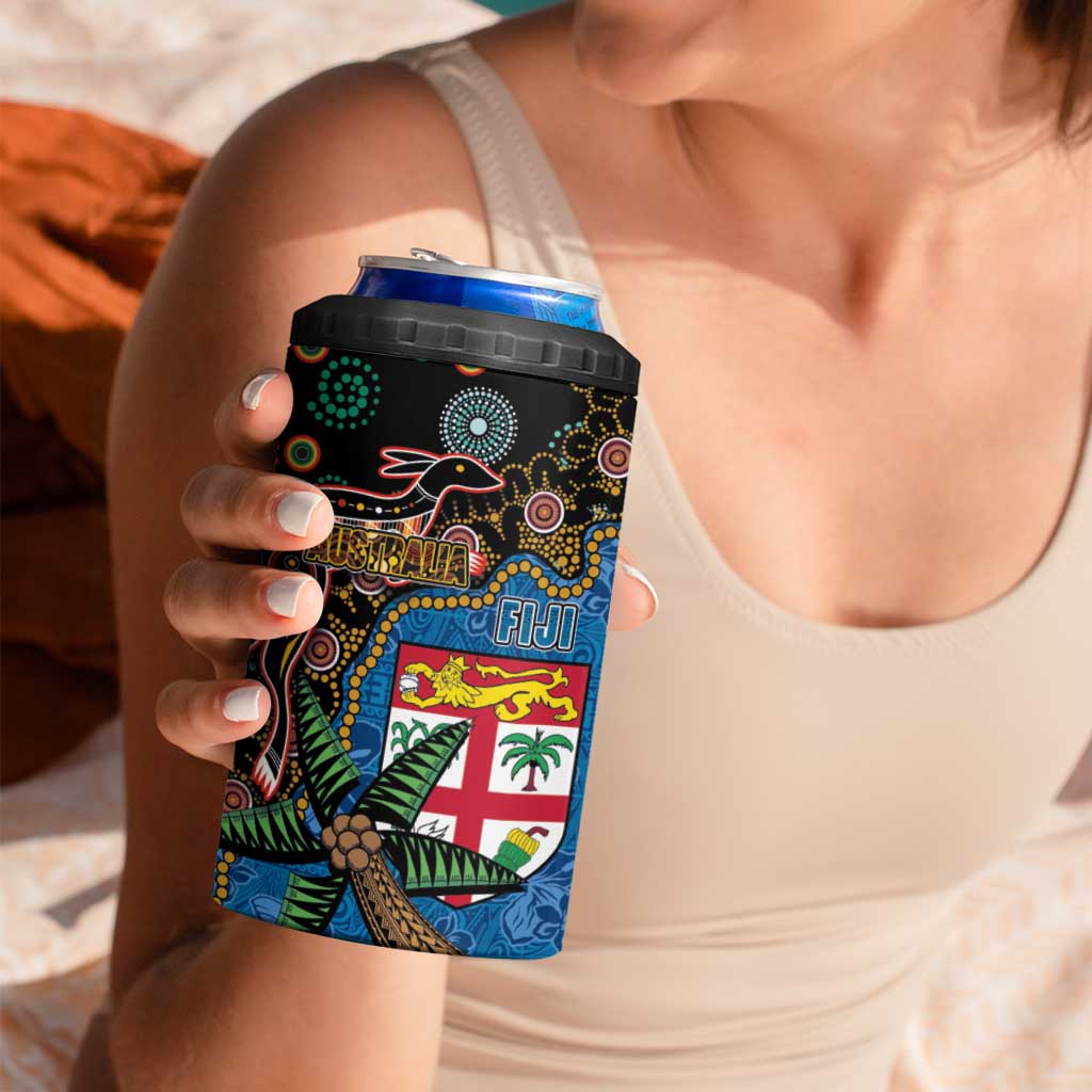 Fijian and Australian Culture Together 4 in 1 Can Cooler Tumbler Aboriginal Art and Tapa Motifs with Kangaroo and Palm Tree - Polynesian Pride