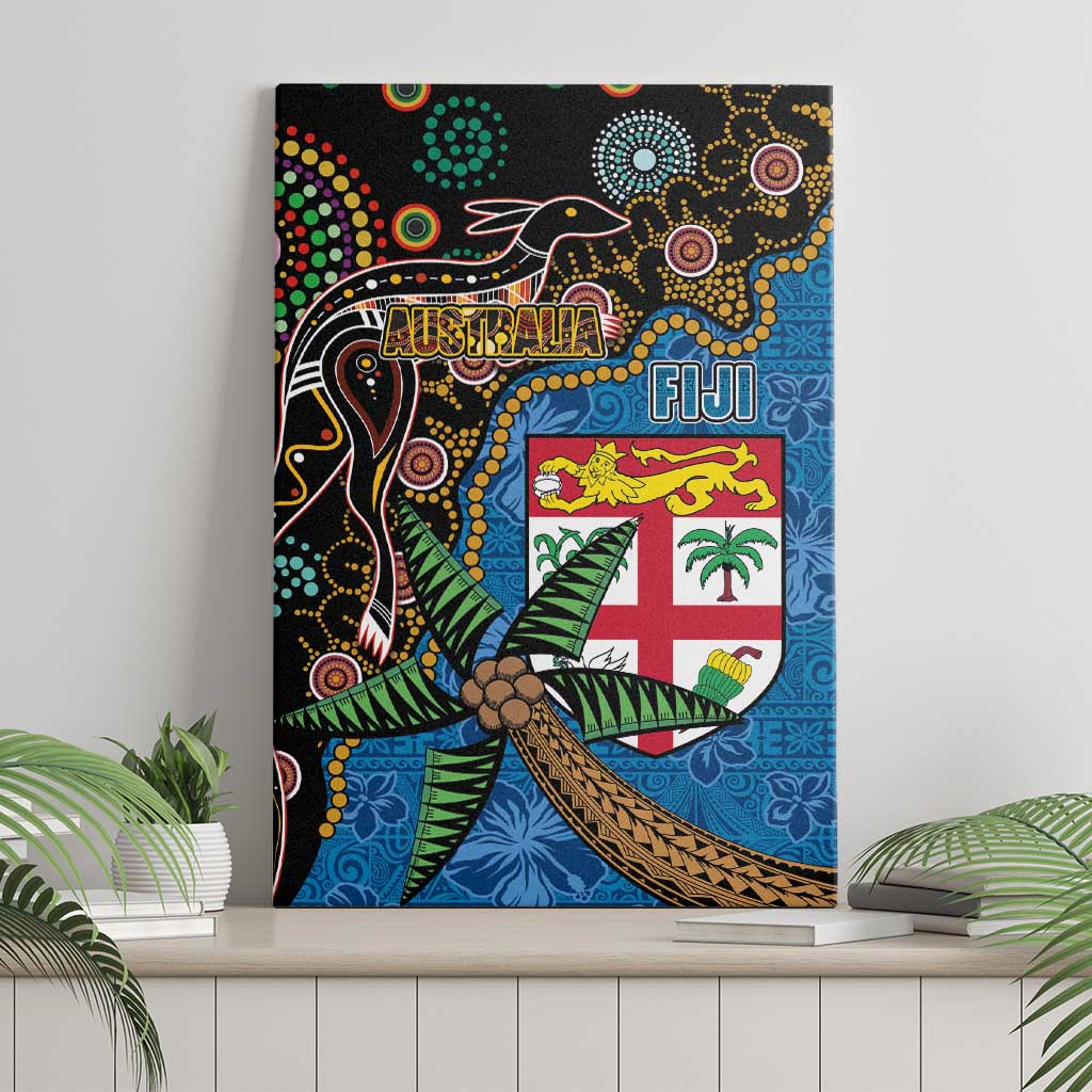 Fijian and Australian Culture Together Canvas Wall Art Aboriginal Art and Tapa Motifs with Kangaroo and Palm Tree - Polynesian Pride