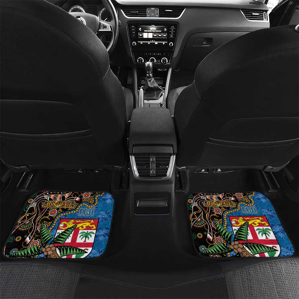Fijian and Australian Culture Together Car Mats Aboriginal Art and Tapa Motifs with Kangaroo and Palm Tree - Polynesian Pride