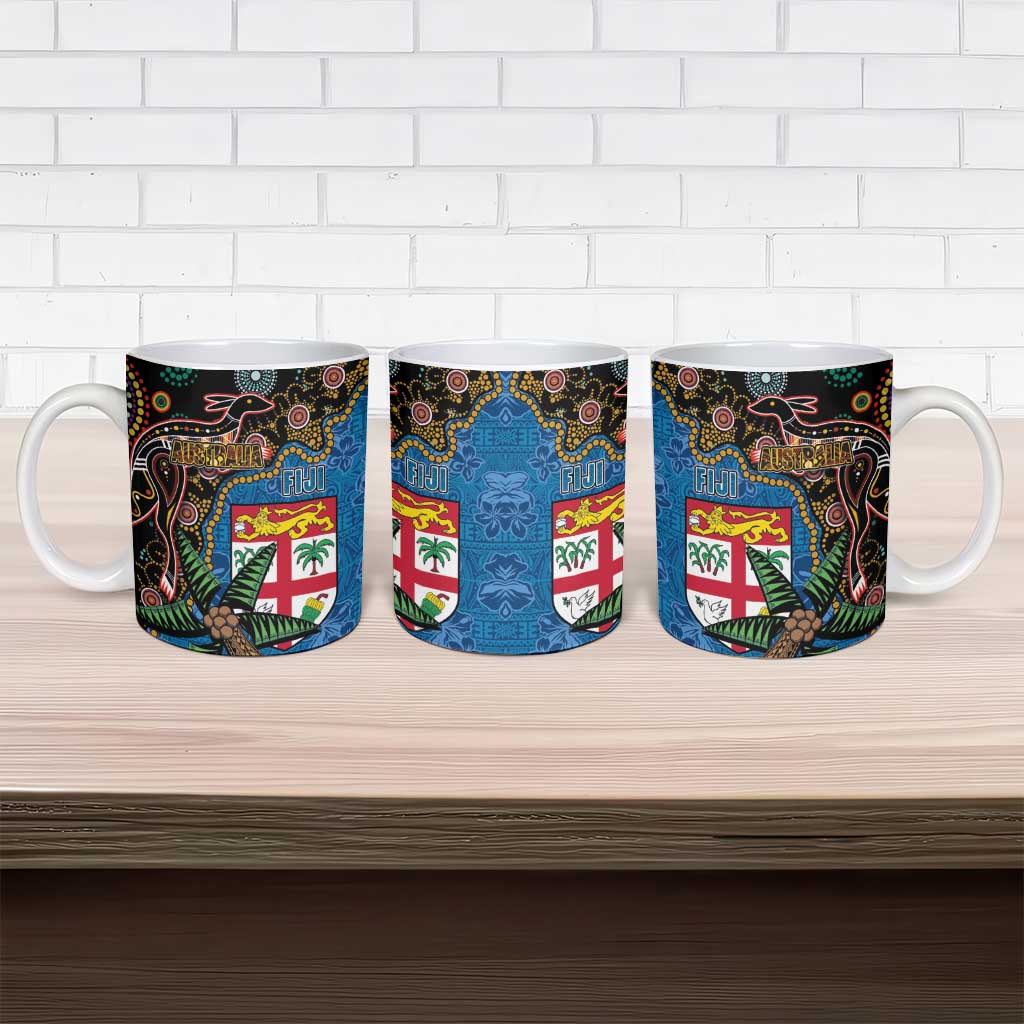 Fijian and Australian Culture Together Ceramic Mug Aboriginal Art and Tapa Motifs with Kangaroo and Palm Tree - Polynesian Pride