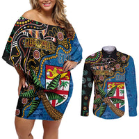 Fijian and Australian Culture Together Couples Matching Off Shoulder Short Dress and Long Sleeve Button Shirt Aboriginal Art and Tapa Motifs with Kangaroo and Palm Tree - Polynesian Pride