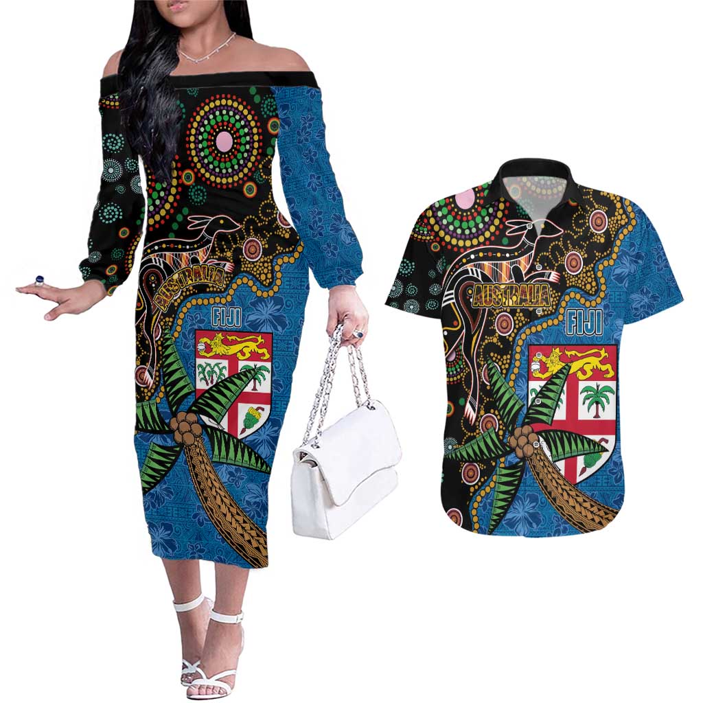 Fijian and Australian Culture Together Couples Matching Off The Shoulder Long Sleeve Dress and Hawaiian Shirt Aboriginal Art and Tapa Motifs with Kangaroo and Palm Tree - Polynesian Pride