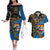 Fijian and Australian Culture Together Couples Matching Off The Shoulder Long Sleeve Dress and Hawaiian Shirt Aboriginal Art and Tapa Motifs with Kangaroo and Palm Tree - Polynesian Pride