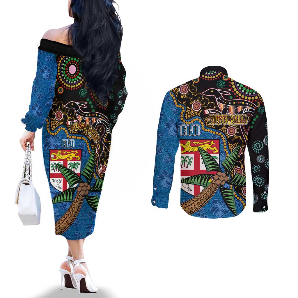 Fijian and Australian Culture Together Couples Matching Off The Shoulder Long Sleeve Dress and Long Sleeve Button Shirt Aboriginal Art and Tapa Motifs with Kangaroo and Palm Tree - Polynesian Pride