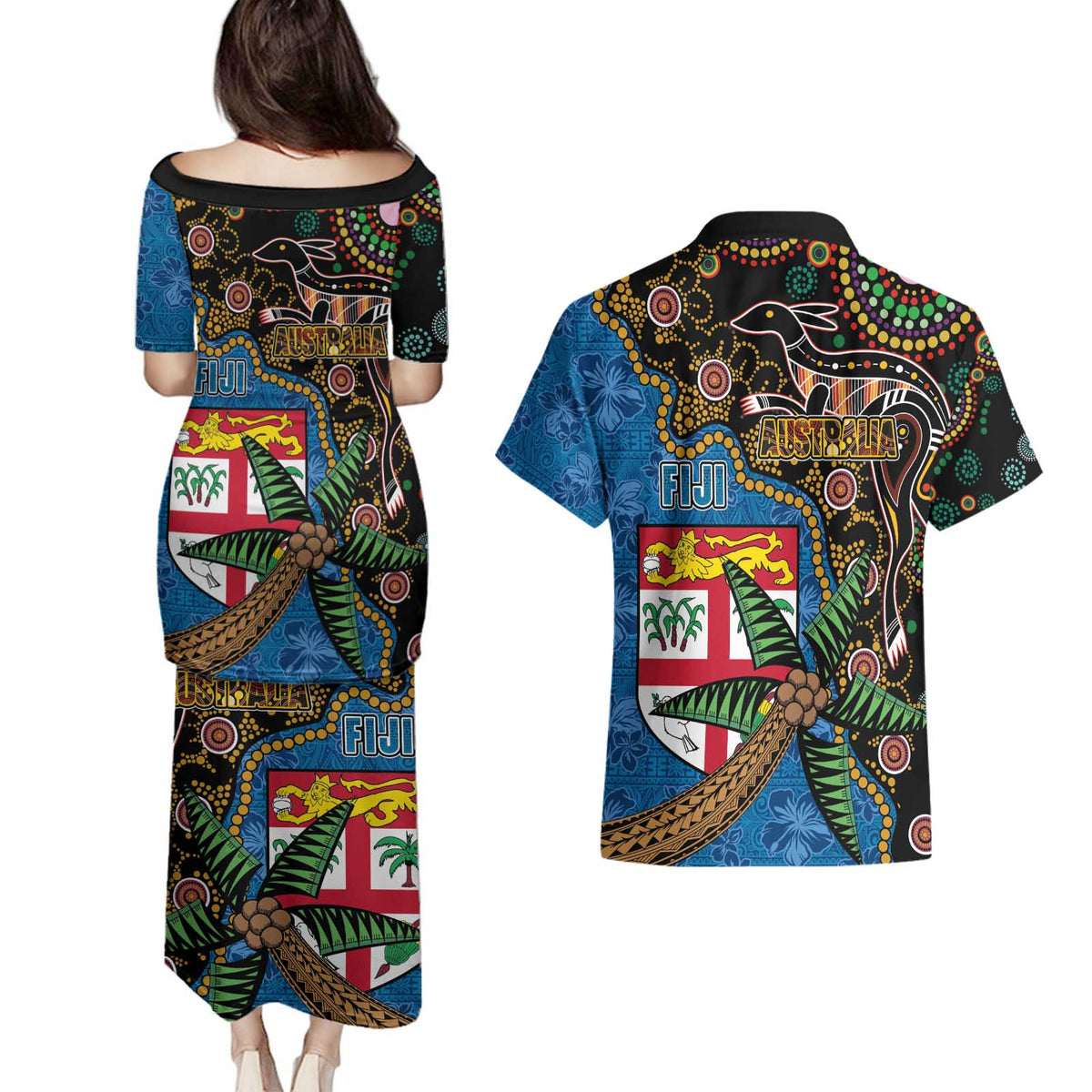 Fijian and Australian Culture Together Couples Matching Puletasi and Hawaiian Shirt Aboriginal Art and Tapa Motifs with Kangaroo and Palm Tree - Polynesian Pride