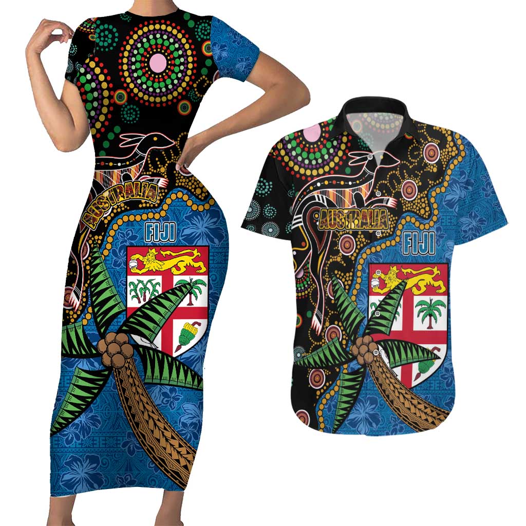 Fijian and Australian Culture Together Couples Matching Short Sleeve Bodycon Dress and Hawaiian Shirt Aboriginal Art and Tapa Motifs with Kangaroo and Palm Tree - Polynesian Pride