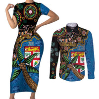 Fijian and Australian Culture Together Couples Matching Short Sleeve Bodycon Dress and Long Sleeve Button Shirt Aboriginal Art and Tapa Motifs with Kangaroo and Palm Tree - Polynesian Pride