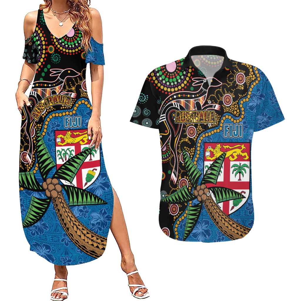 Fijian and Australian Culture Together Couples Matching Summer Maxi Dress and Hawaiian Shirt Aboriginal Art and Tapa Motifs with Kangaroo and Palm Tree - Polynesian Pride