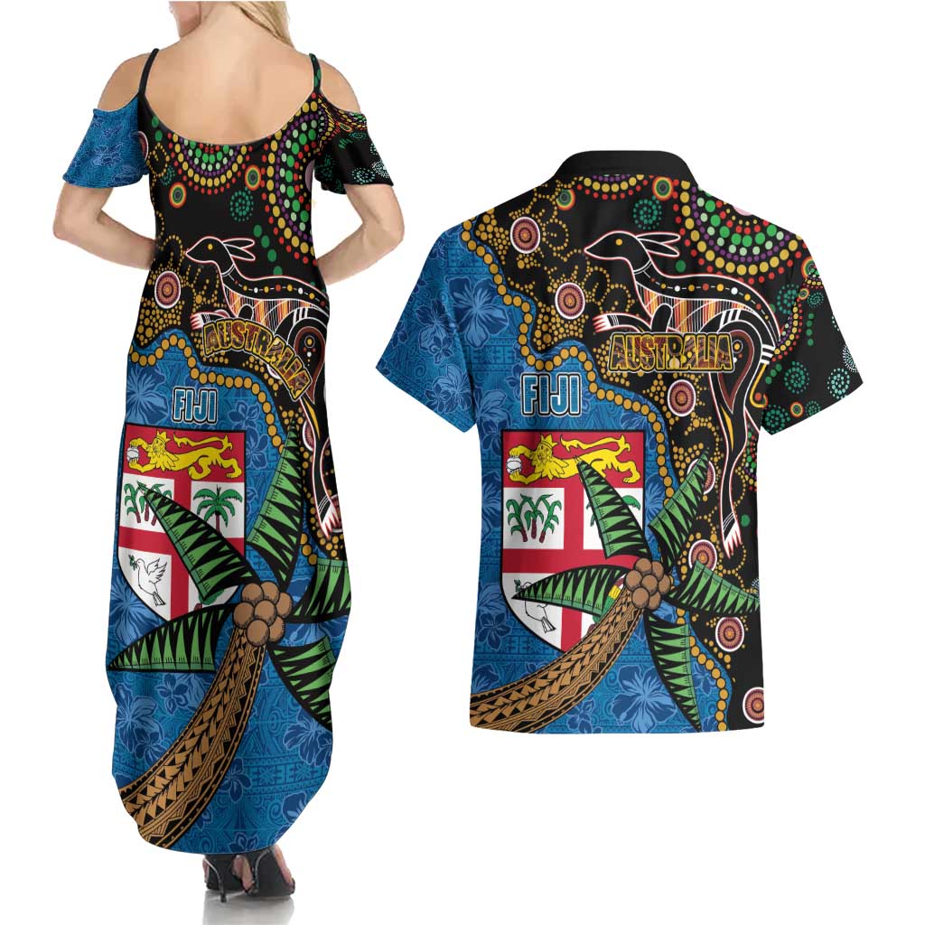 Fijian and Australian Culture Together Couples Matching Summer Maxi Dress and Hawaiian Shirt Aboriginal Art and Tapa Motifs with Kangaroo and Palm Tree - Polynesian Pride