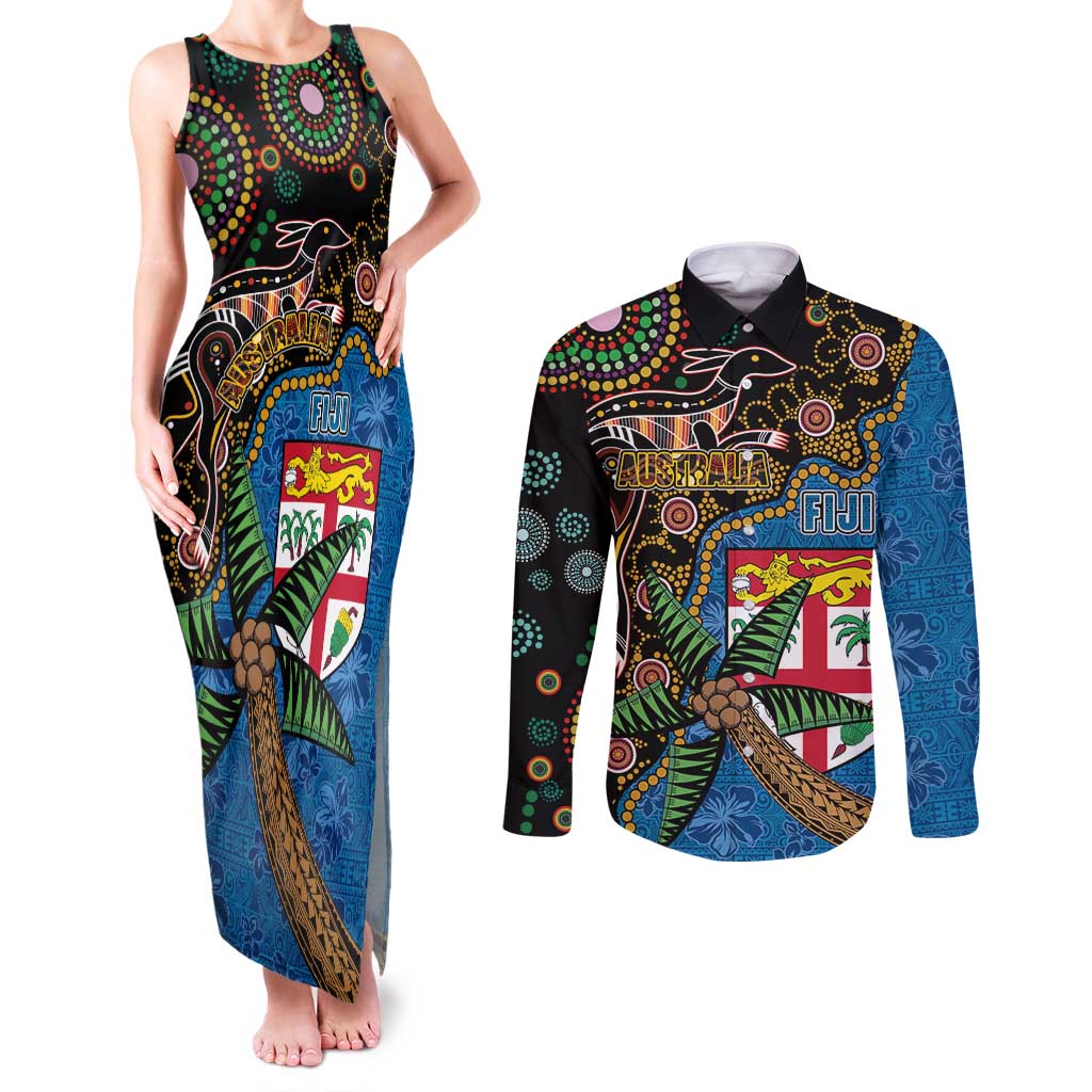 Fijian and Australian Culture Together Couples Matching Tank Maxi Dress and Long Sleeve Button Shirt Aboriginal Art and Tapa Motifs with Kangaroo and Palm Tree - Polynesian Pride