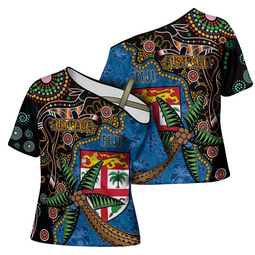 Fijian and Australian Culture Together Cross Shoulder Shirt Aboriginal Art and Tapa Motifs with Kangaroo and Palm Tree - Polynesian Pride