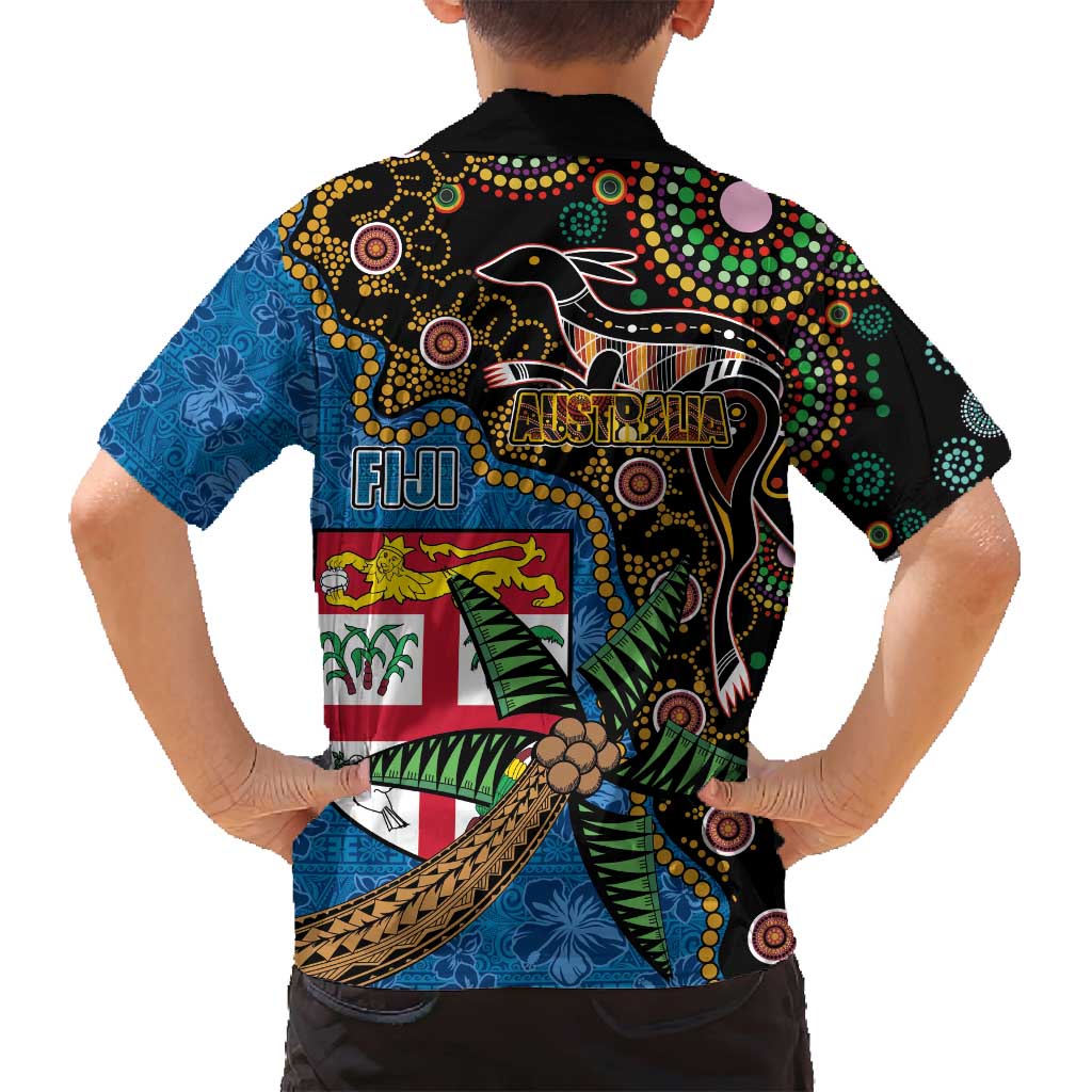 Fijian and Australian Culture Together Family Matching Long Sleeve Bodycon Dress and Hawaiian Shirt Aboriginal Art and Tapa Motifs with Kangaroo and Palm Tree - Polynesian Pride