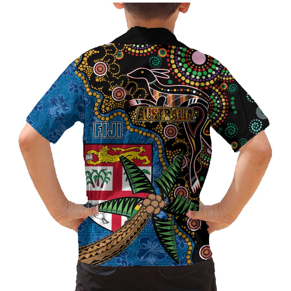 Fijian and Australian Culture Together Family Matching Mermaid Dress and Hawaiian Shirt Aboriginal Art and Tapa Motifs with Kangaroo and Palm Tree - Polynesian Pride