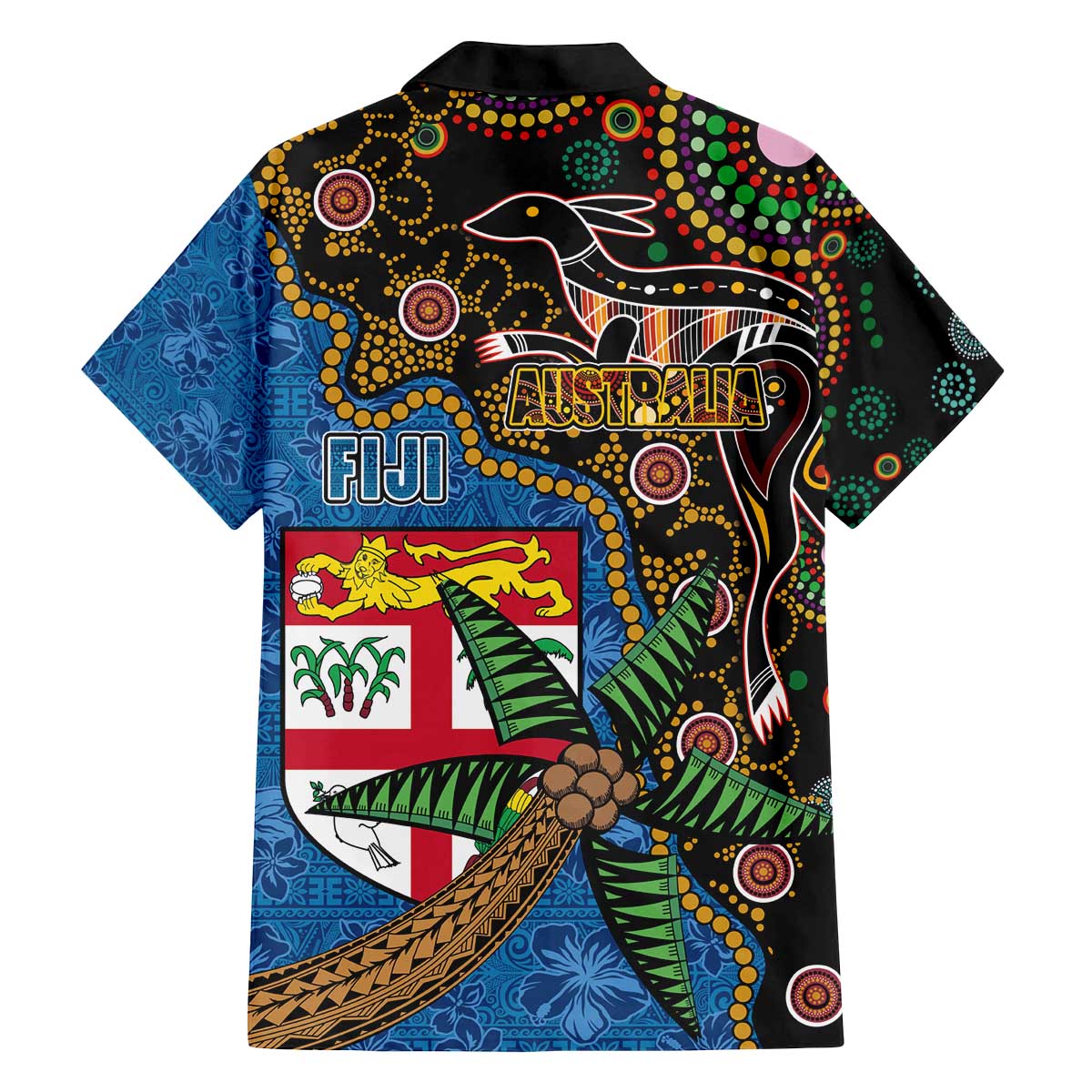 Fijian and Australian Culture Together Family Matching Off The Shoulder Long Sleeve Dress and Hawaiian Shirt Aboriginal Art and Tapa Motifs with Kangaroo and Palm Tree - Polynesian Pride