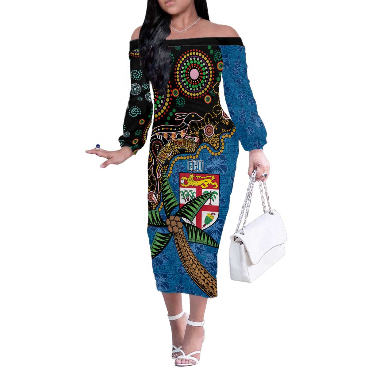 Fijian and Australian Culture Together Family Matching Off The Shoulder Long Sleeve Dress and Hawaiian Shirt Aboriginal Art and Tapa Motifs with Kangaroo and Palm Tree - Polynesian Pride