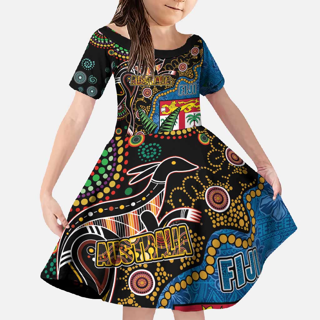 Fijian and Australian Culture Together Family Matching Off Shoulder Maxi Dress and Hawaiian Shirt Aboriginal Art and Tapa Motifs with Kangaroo and Palm Tree - Polynesian Pride