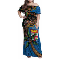 Fijian and Australian Culture Together Family Matching Off Shoulder Maxi Dress and Hawaiian Shirt Aboriginal Art and Tapa Motifs with Kangaroo and Palm Tree - Polynesian Pride