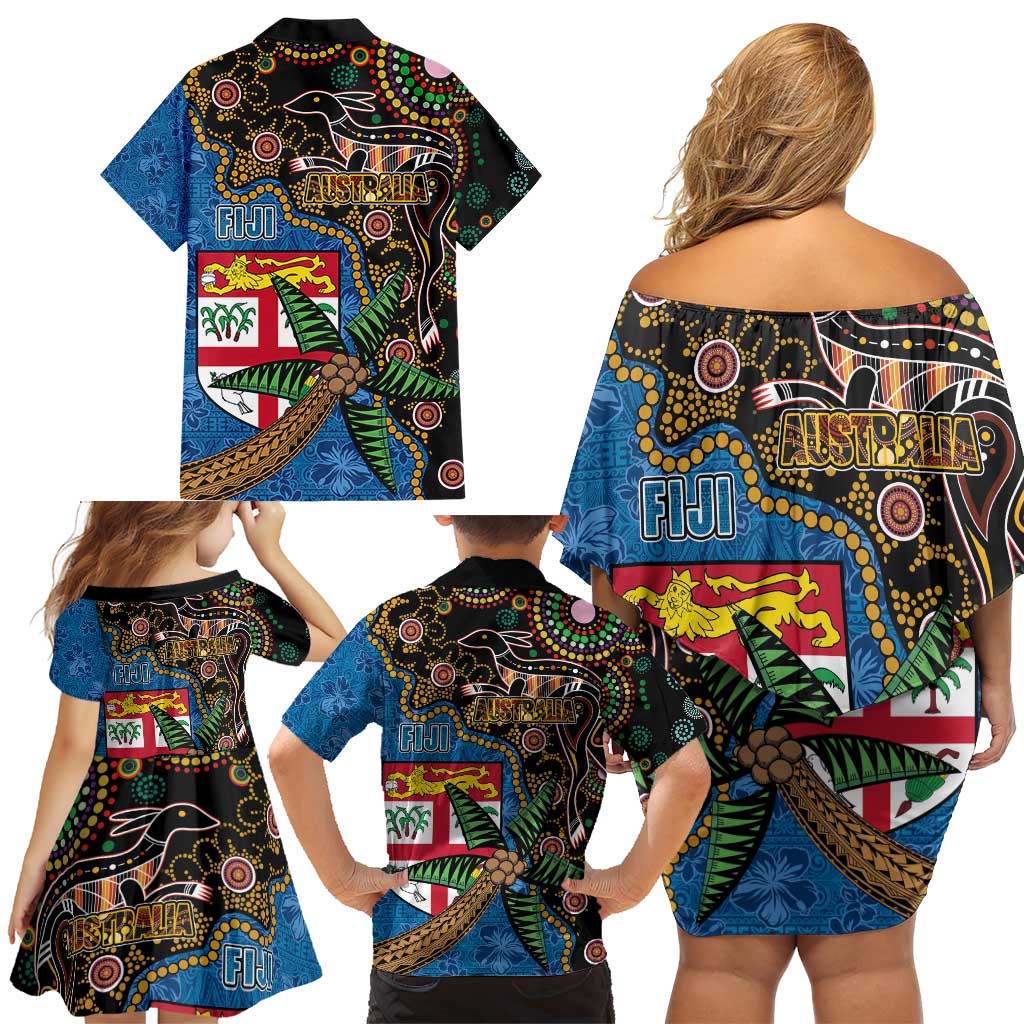 Fijian and Australian Culture Together Family Matching Off Shoulder Short Dress and Hawaiian Shirt Aboriginal Art and Tapa Motifs with Kangaroo and Palm Tree - Polynesian Pride