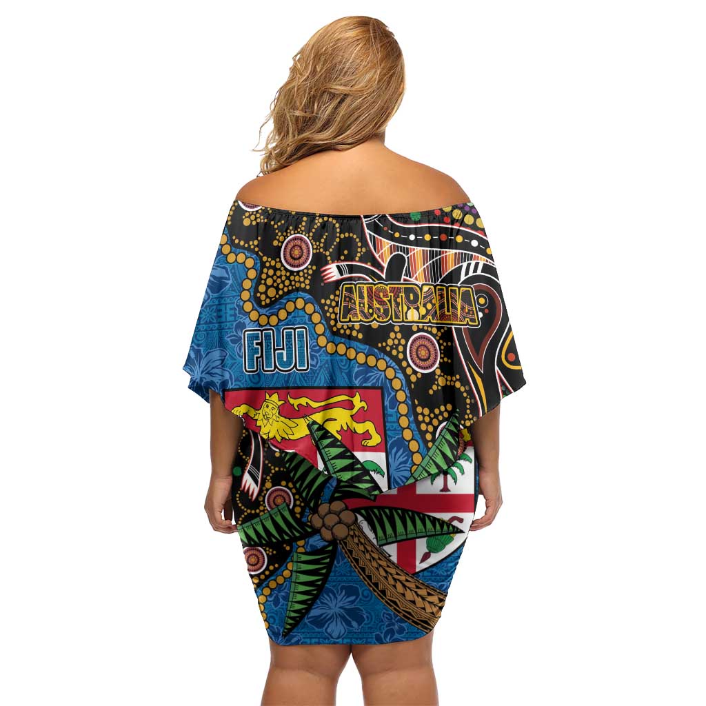 Fijian and Australian Culture Together Family Matching Off Shoulder Short Dress and Hawaiian Shirt Aboriginal Art and Tapa Motifs with Kangaroo and Palm Tree - Polynesian Pride