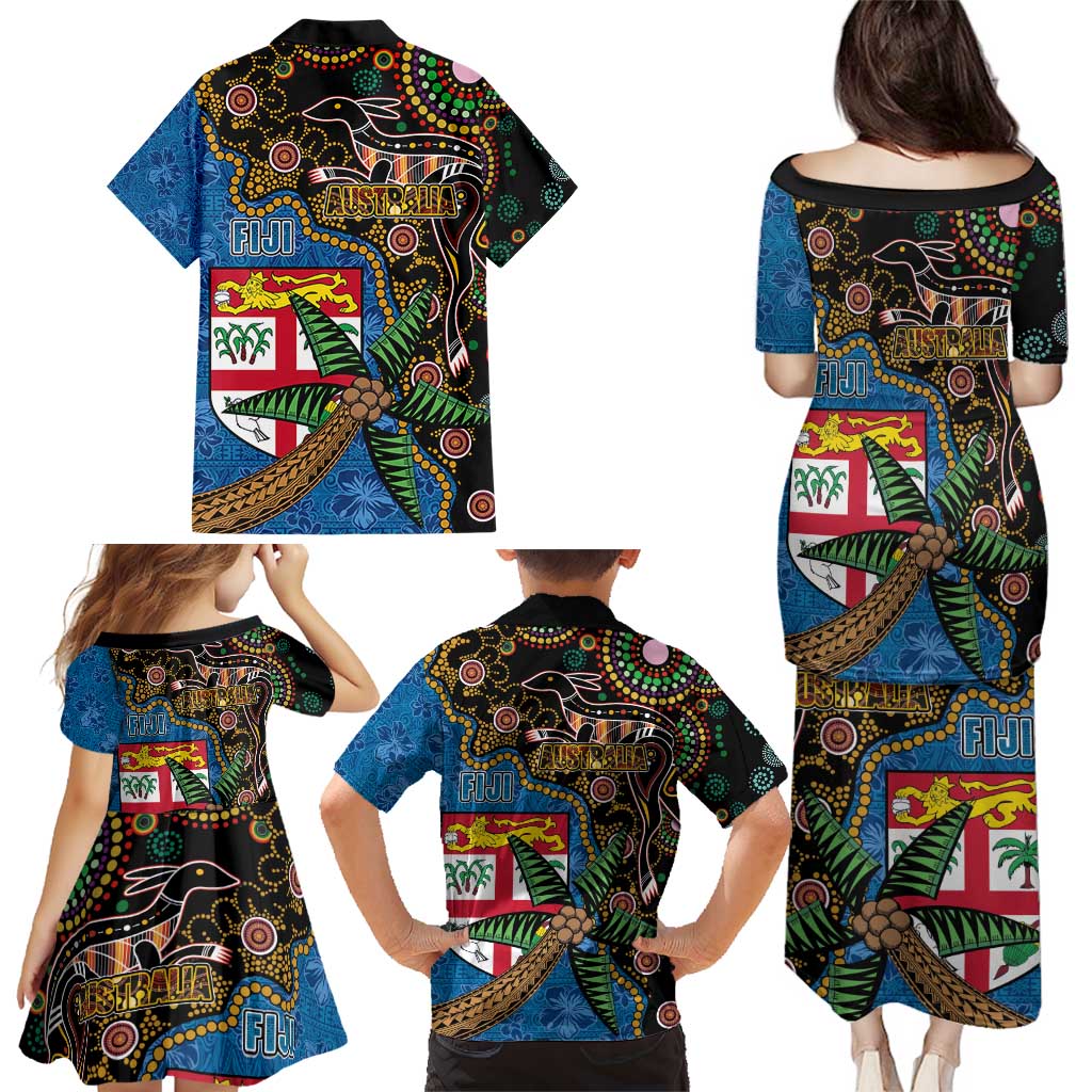 Fijian and Australian Culture Together Family Matching Puletasi and Hawaiian Shirt Aboriginal Art and Tapa Motifs with Kangaroo and Palm Tree - Polynesian Pride