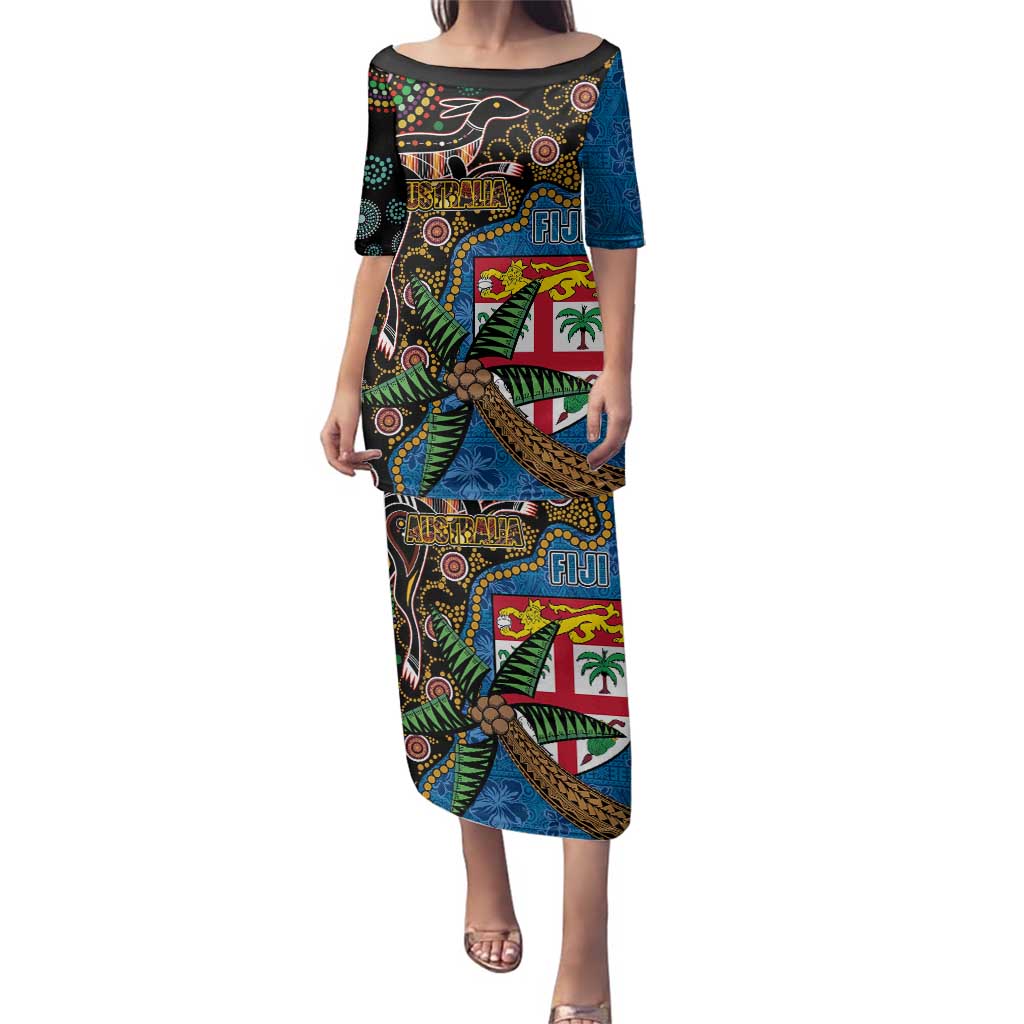 Fijian and Australian Culture Together Family Matching Puletasi and Hawaiian Shirt Aboriginal Art and Tapa Motifs with Kangaroo and Palm Tree - Polynesian Pride