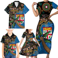 Fijian and Australian Culture Together Family Matching Short Sleeve Bodycon Dress and Hawaiian Shirt Aboriginal Art and Tapa Motifs with Kangaroo and Palm Tree - Polynesian Pride