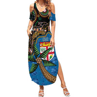 Fijian and Australian Culture Together Family Matching Summer Maxi Dress and Hawaiian Shirt Aboriginal Art and Tapa Motifs with Kangaroo and Palm Tree - Polynesian Pride