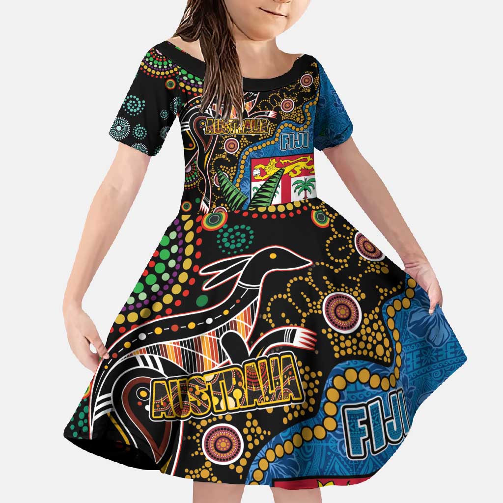 Fijian and Australian Culture Together Family Matching Tank Maxi Dress and Hawaiian Shirt Aboriginal Art and Tapa Motifs with Kangaroo and Palm Tree - Polynesian Pride