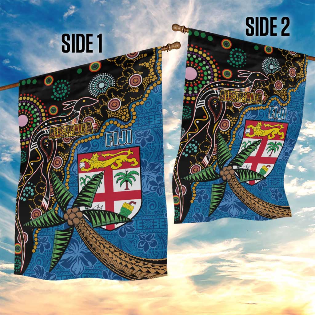 Fijian and Australian Culture Together Garden Flag Aboriginal Art and Tapa Motifs with Kangaroo and Palm Tree - Polynesian Pride
