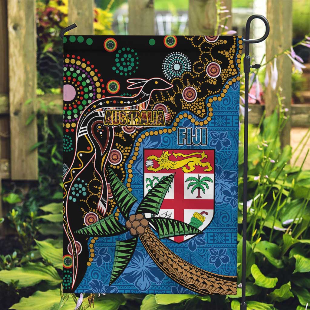 Fijian and Australian Culture Together Garden Flag Aboriginal Art and Tapa Motifs with Kangaroo and Palm Tree - Polynesian Pride