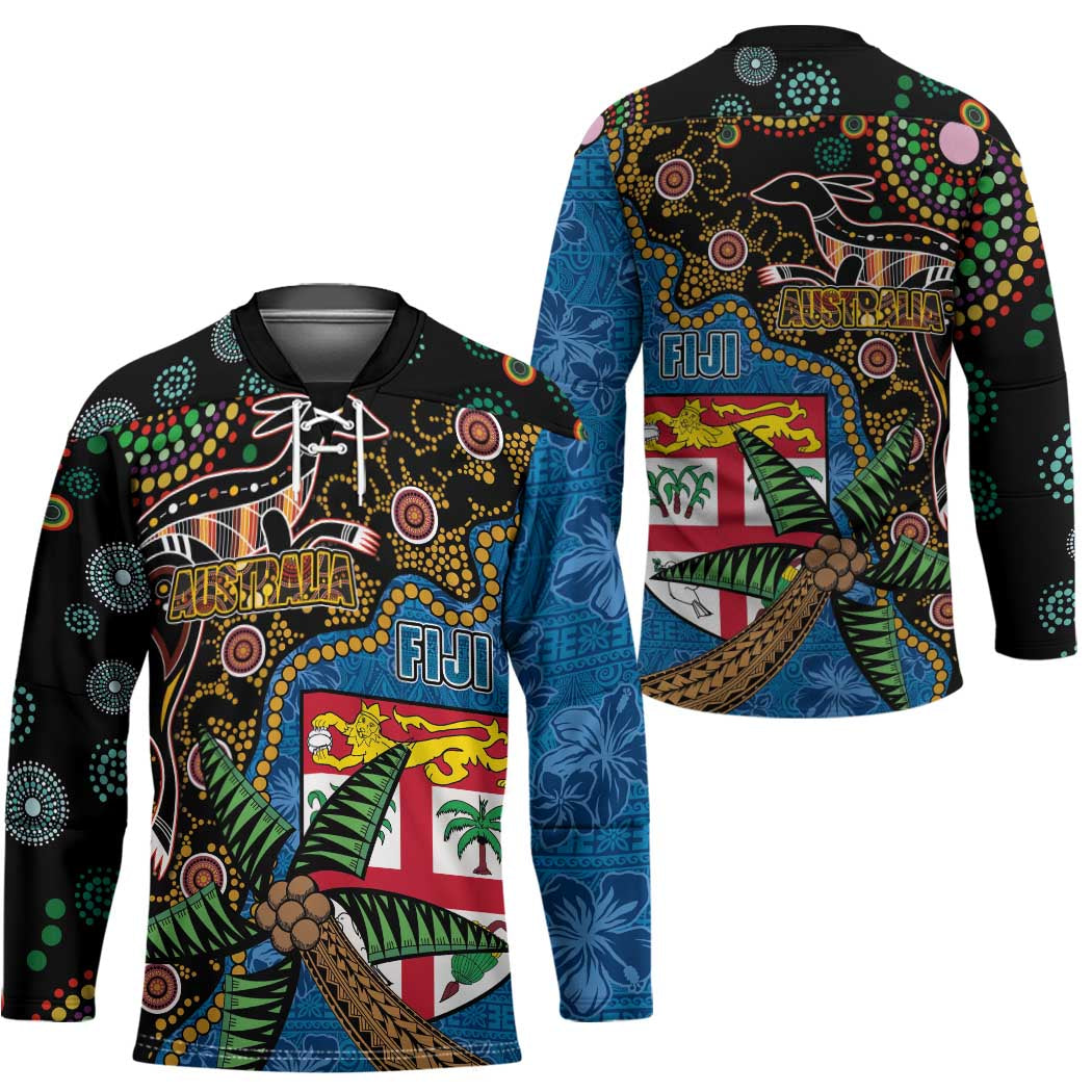 Fijian and Australian Culture Together Hockey Jersey Aboriginal Art and Tapa Motifs with Kangaroo and Palm Tree - Polynesian Pride