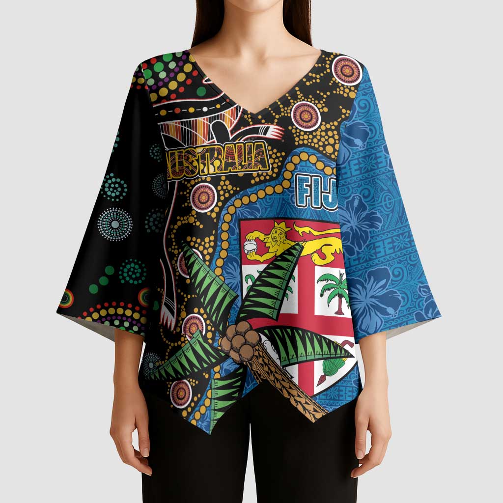 Fijian and Australian Culture Together Kimono Sleeve Blouse Aboriginal Art and Tapa Motifs with Kangaroo and Palm Tree - Polynesian Pride